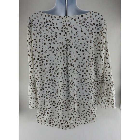 Elle Leopard Print Blouse Sz Medium White Brown Bell Sleeve Flowy Top Animal - Picture 4 of 9